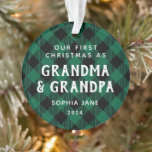 First Time Grandparents Christmas Rustic New Baby Ornament<br><div class="desc">This rustic ornament is the perfect keepsake for first-time grandparents. The front of the ornament features a white typography design that reads "Our first Christmas as Grandma & Grandpa" in rustic lettering against a green and black plaid background. Customize the text with the nicknames for your family's grandparents, and add...</div>