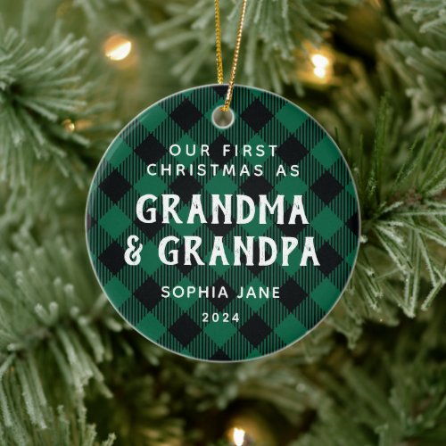 First Time Grandparents Christmas Rustic Plaid Ceramic Ornament