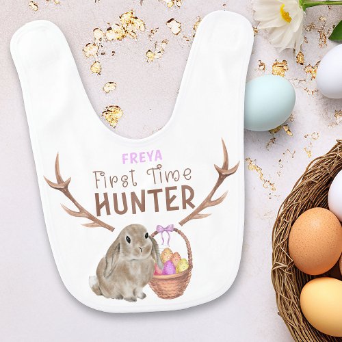 First Time Hunter Girl Easter Bunny and Egg Basket Baby Bib