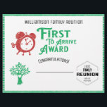 First To Arrive Family Tree Reunion Award Letterhead<br><div class="desc">Some one has to show up first and why not give them a prize for being on time at your family reunion? Fun family reunion certificate award for the First To Arrive. Features a clock to represent time. Design includes a family tree with a heart of love. Family reunion certificate...</div>