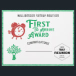 First To Arrive Family Tree Reunion Award Letterhead<br><div class="desc">Some one has to show up first and why not give them a prize for being on time at your family reunion? Fun family reunion certificate award for the First To Arrive. Features a clock to represent time. Design includes a family tree with a heart of love. Family reunion certificate...</div>