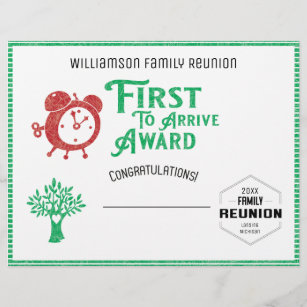 First To Arrive Family Tree Reunion Award Letterhead