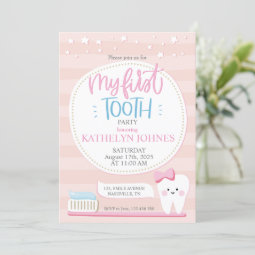 First Tooth Baby girl party invitation | Zazzle