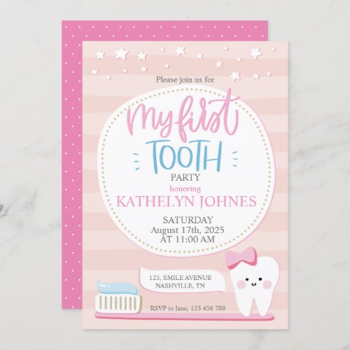 First Tooth Baby girl party invitation