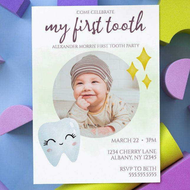 First Tooth Party Cute Photo Invitation ("my first tooth" party invitation cute gender neutral boy or girl baby party invite watercolor cute)