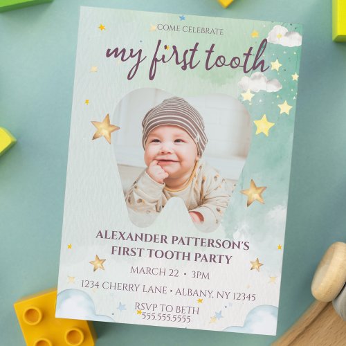 First Tooth Party Cute Watercolor Stars Baby Photo Invitation