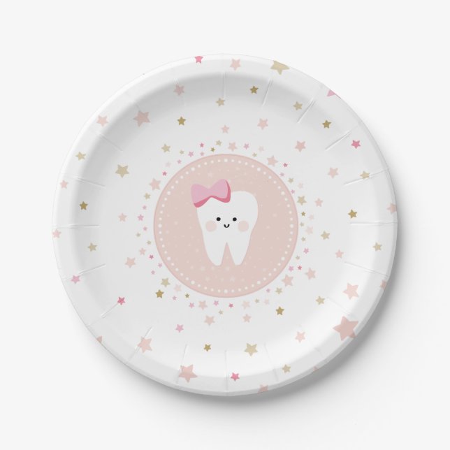 First Tooth pink white party decor. Paper Plate (Front)
