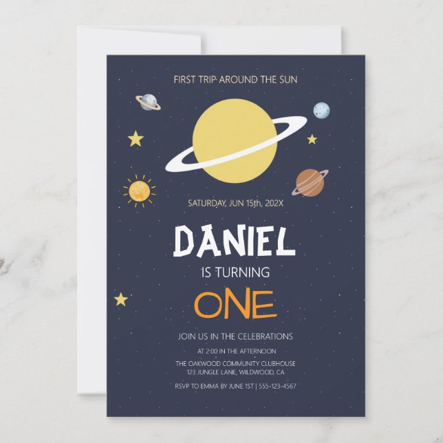 First Trip Around Sun 1st Birthday Space Invitation (Front)