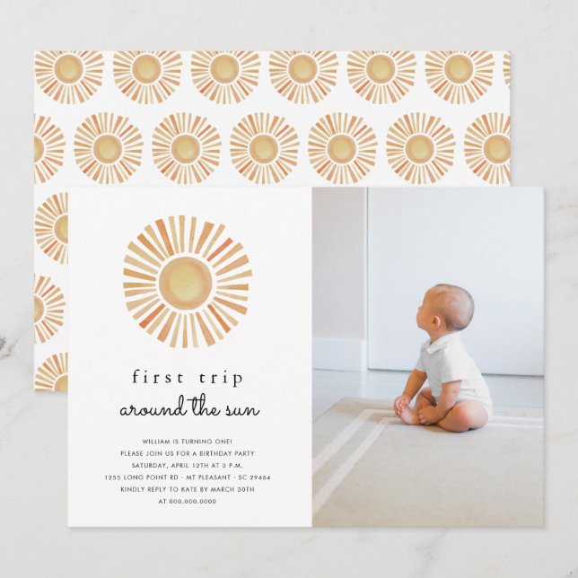 First Trip Around Sun One Birthday Party Photo Invitation (Front/Back)