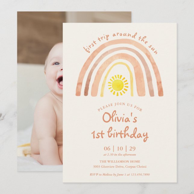 First Trip Around Sun Rainbow Photo 1st Birthday Invitation (Front/Back)