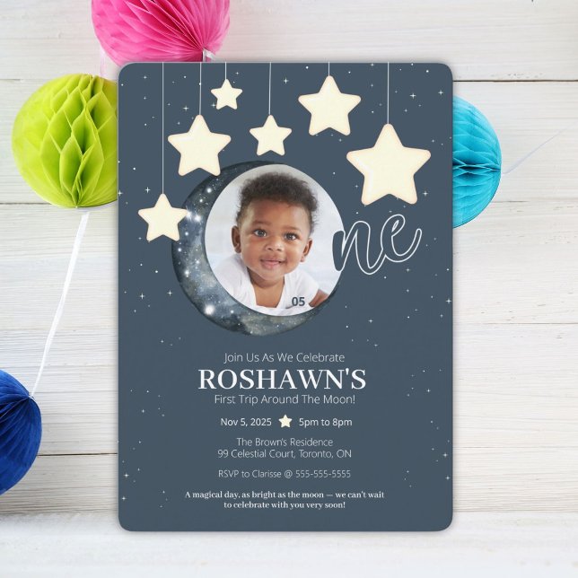 First Trip Around The Moon Birthday Invitation (Celebrate your little star’s first trip around the moon with this magical invitation!)