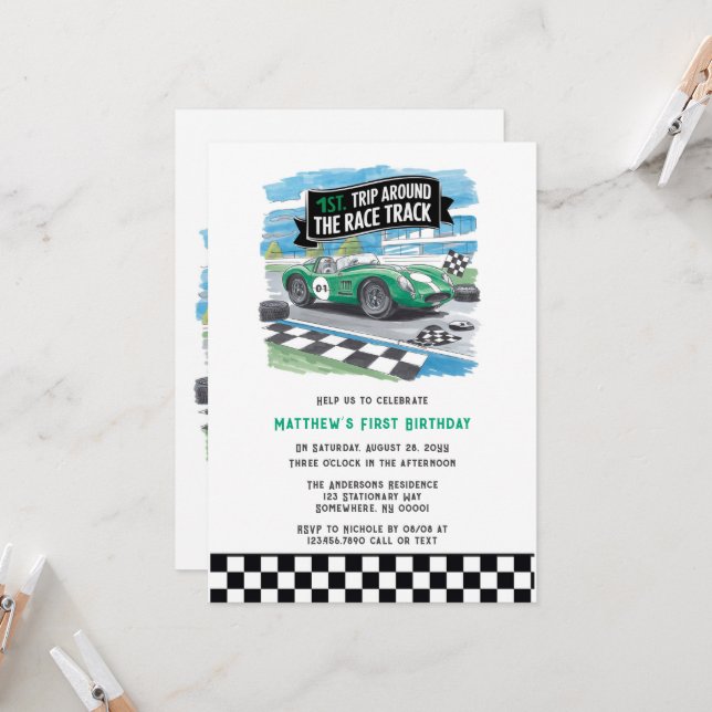First Trip Around the Race Track Birthday Party Invitation (Front/Back In Situ)