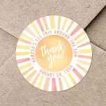 First Trip Around The Sun 1st Birthday Classic Round Sticker<br><div class="desc">This round sticker design features a vibrant sun at the center, with the cheerful phrase "Thank You!" placed right on top. The sun's rays shine in classic sun colors—yellow, orange, and a hint of red—adding a bright and joyful touch to your First Trip Around The Sun 1st birthday celebration. Encircling...</div>