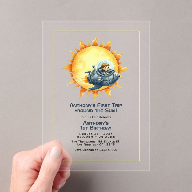First Trip Around the Sun 1st Birthday Party Acrylic Invitations (Insitu (Handheld))