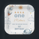 First Trip Around the Sun 1st Birthday Party Paper Paper Plates<br><div class="desc">First Trip Around the Sun 1st Birthday Party Paper Plate

Outer space or first trip around the sun first birthday paper plate for a baby boy featuring a sun,  moon,  stars,  spaceship and astronaut in an orange and gray blue color.</div>