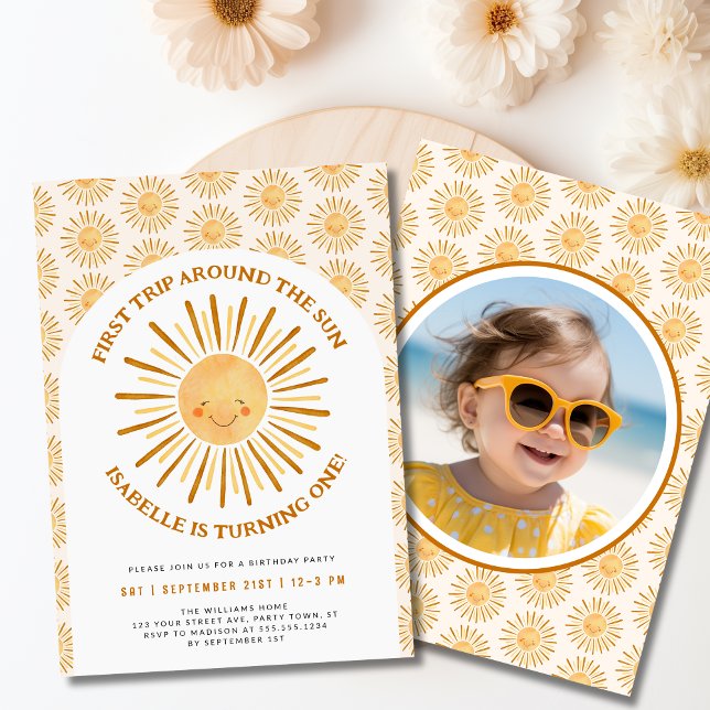 First Trip Around The Sun 1st Birthday Party Photo Invitation (First Trip Around The Sun 1st Birthday Party Photo Invitation- Front & Back)
