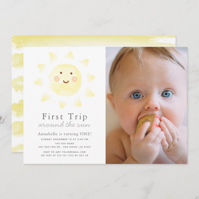 First Trip Around The Sun 1st Birthday Photo Invitation (Front/Back)
