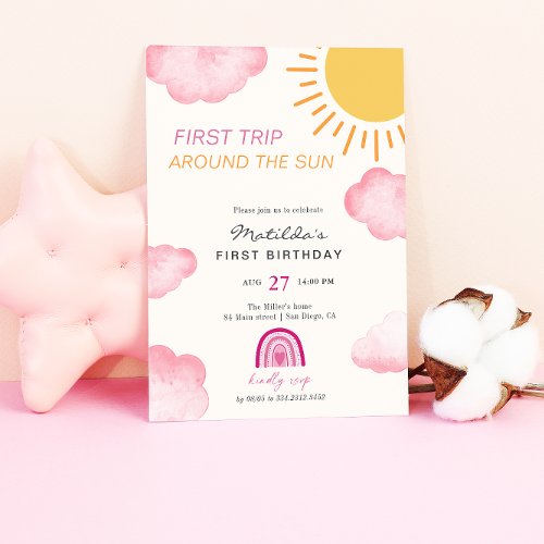 First Trip Around The Sun 1st Birthday Pink Invitation