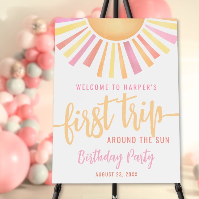 First Trip Around The Sun 1st Birthday Pink Sign (First Trip Around The Sun 1st Birthday Welcome Foam Board)
