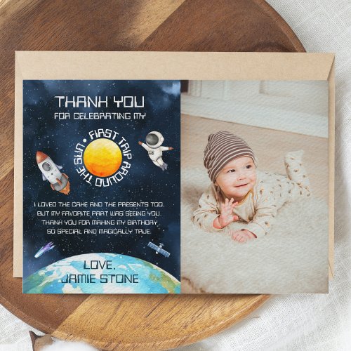 First Trip Around The Sun 1st Birthday Space Theme Thank You Card