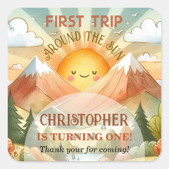First Trip Around the Sun 1st Birthday Square Sticker (Front)