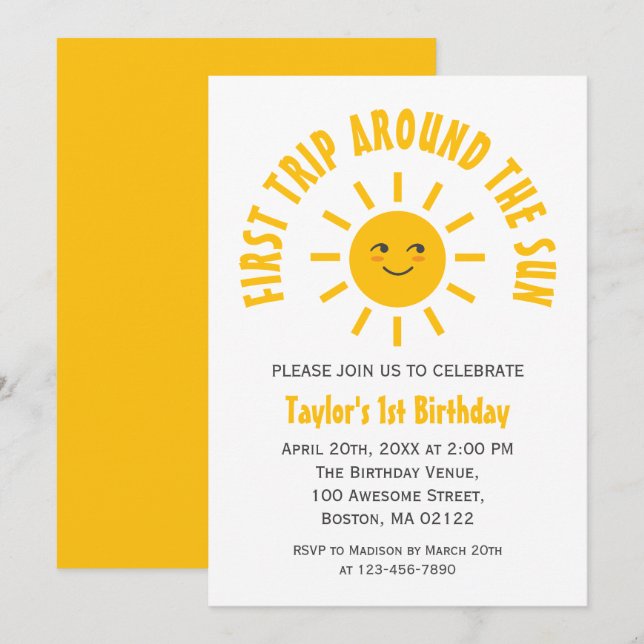First Trip Around The Sun 1st Birthday Sunshine Invitation (Front/Back)