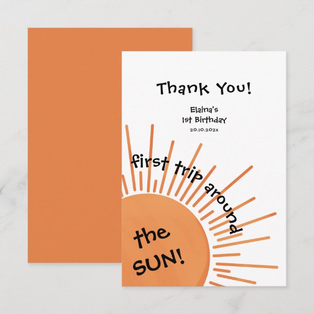 First Trip Around The Sun 1st Birthday Thank You Card (Front/Back)