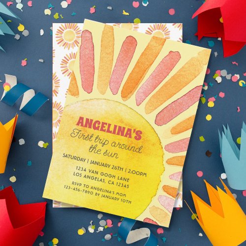 First Trip Around the Sun 1st Birthday Watercolor Invitation