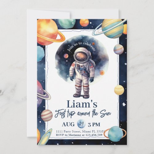 First Trip Around The Sun Astronaut Space Birthday Invitation