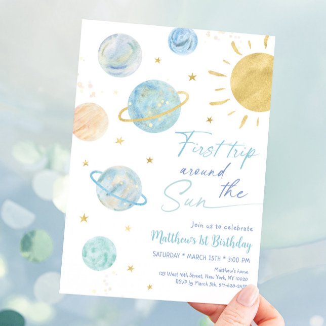 First Trip Around the Sun Blue Space Birthday Invitation (Creator Uploaded)