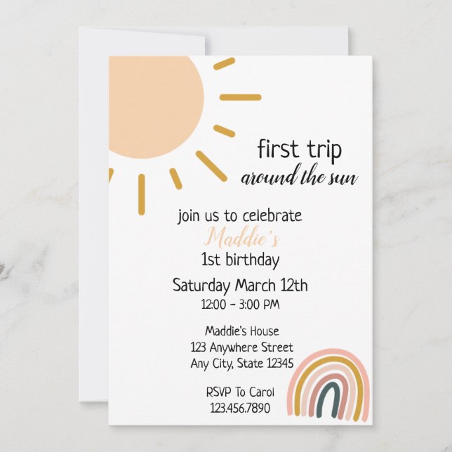 First Trip Around The Sun Boho 1st Birthday Party Invitation (Front)
