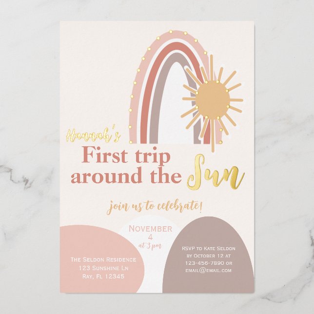 First Trip Around the Sun Boho Birthday  Foil Invitation (Front)