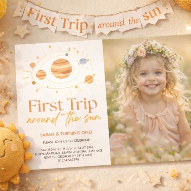 First Trip Around The Sun Boho Photo 1st Birthday Invitation (Creator Uploaded)