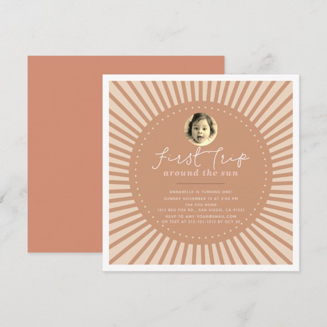 First Trip Around The Sun Boho Photo 1st Birthday Invitation (Front/Back)