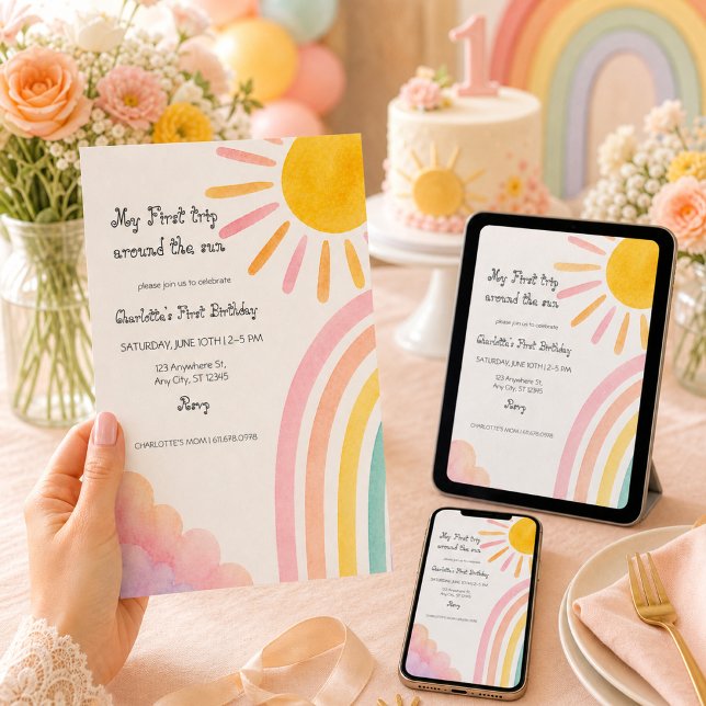 First Trip Around the Sun Boho Rainbow Baby Invitation (Creator Uploaded)