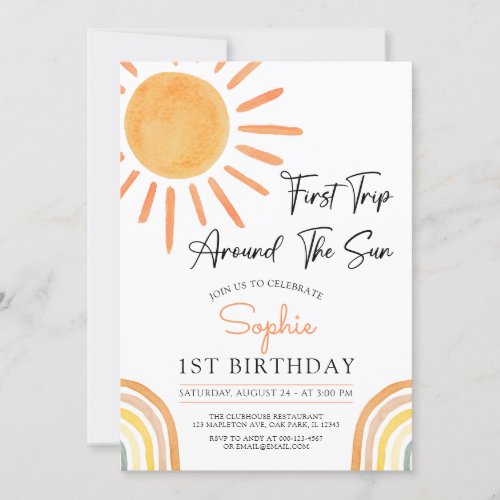 First Trip Around the Sun Boho Rainbow Birthday Invitation