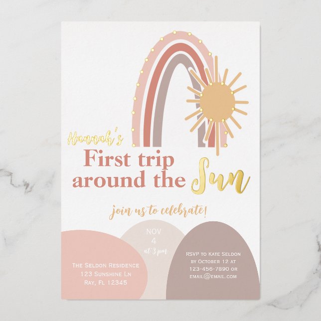 First Trip Around the Sun Boho Rainbow  Foil Invitation (Front)