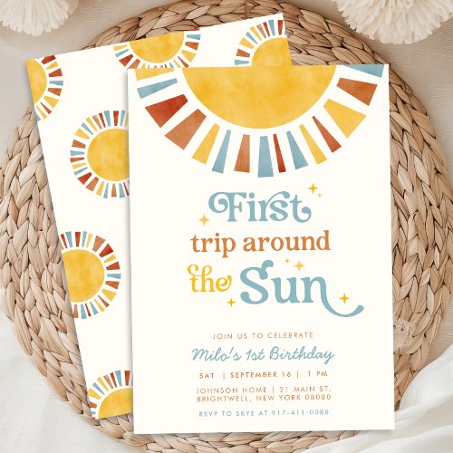 First Trip Around the Sun Boho Retro 1st Birthday Invitation