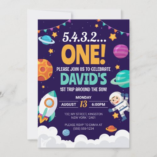 First Trip Around the Sun Boy Space 1st Birthday Invitation