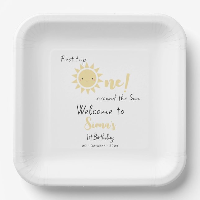 First Trip Around The Sun Cute 1st Birthday Paper Plates (Front)