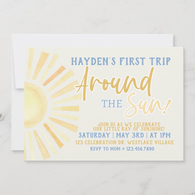 First trip around the sun, First Birthday, Sun, Invitation (Front)