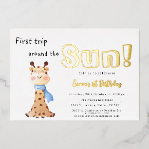 First Trip Around The Sun Giraffe 1st Birthday Foil Invitation