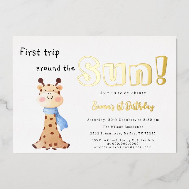 First Trip Around The Sun Giraffe 1st Birthday Foil Invitation (Front)