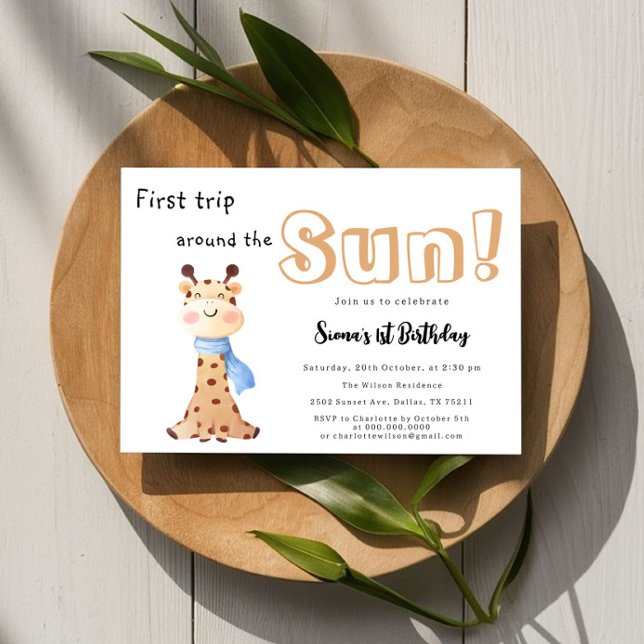 First Trip Around The Sun Giraffe 1st Birthday Invitation (Creator Uploaded)