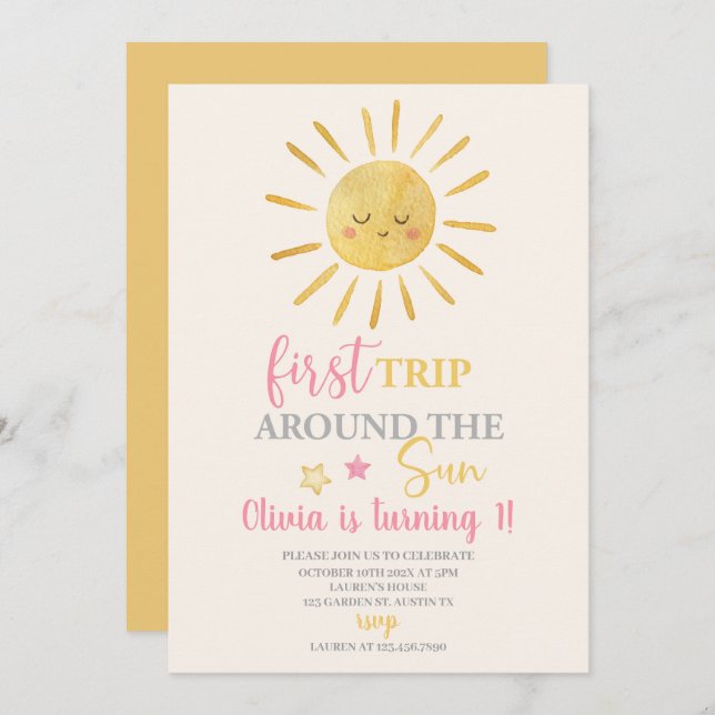 First Trip Around The Sun Girl 1st Birthday Party Invitation (Front/Back)