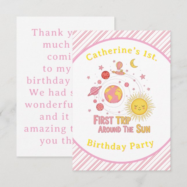 First Trip Around The Sun Girl 1st. Birthday Party Thank You Card (Front/Back)