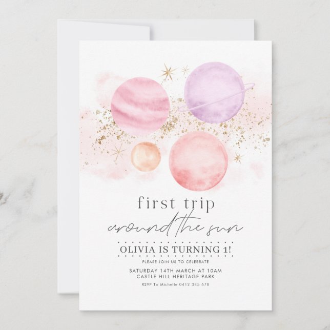 First Trip Around The Sun Girl Birthday Invitation (Front)