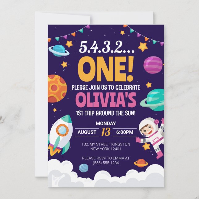 First Trip Around the Sun Girl Space 1st Birthday Invitation (Front)