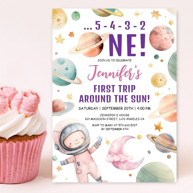 First Trip Around the Sun Girl Space 1st Birthday  Invitation (Creator Uploaded)