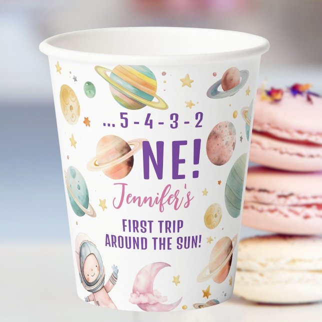 First Trip Around the Sun Girl Space 1st Birthday Paper Cups (Creator Uploaded)
